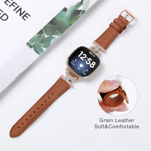 Luxe Leather Bands Compatible With Fitbit Versa 4/Versa 3/Sense 2/Sense Bands For Women D-shaped Bling Metal Buckle Replacement Straps.