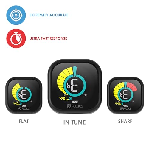 Image of KLIQ UberTuner PDQ, Rechargeable Clip-On Tuner for Guitar, Bass, Ukulele, Violin, Mandolin, Banjo & All Instruments, Fast & Accurate Chromatic Tuning Modes, Black