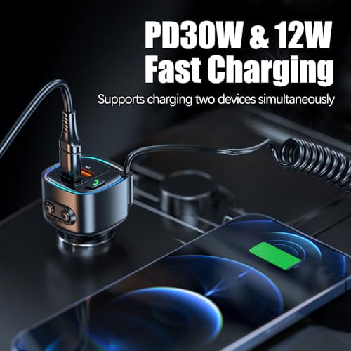 Bluetooth Adapter Auto Aux 5.4 FM, Transmitter Auto Bluetooth, USB C Adapters Autos Zigarettenanzünder mit Spiralkabel Klinke 3.5mm, AutoLadegerät 42W (PD 30W&QC 12W)