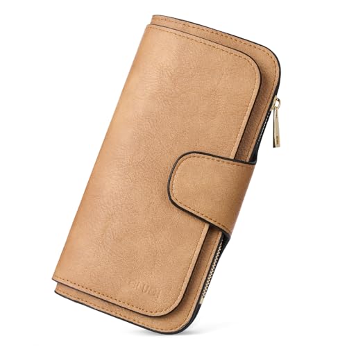 Image of CLUCI Wallet For Women PU Leather RFID Blocking Womens Wallet Bifold Card Holder with ID Window Gifts for Women Birthday, Camel, 7.68 x 1.18 x 3.94 inches, Fashion