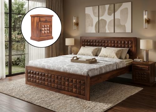 Image of Diamond Solid Sheesham Wood King Size Bed Without Storage & with 2 Bedside Table|Wooden Box King Size Double Cot Bed Without Storage Box for Home,Bedroom,Living Room,Hotel|Honey Finish