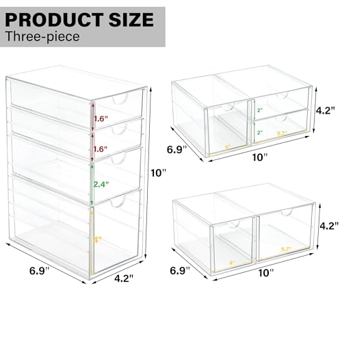 Image of Prsildan Acrylic Drawer Makeup Organizer with 9 Drawers, Set of 3 Office Desk Organizers Accessories, Clear Stackable Storage Drawers for Vanity, Countertop, Craft, Jewelry, Art Supply Organization