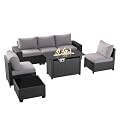 Aoxun Patio Furniture Set with 44'' Fire Pit Table, 7 Pcs Outdoor Patio Furniture Sets with 4in Thicken Cushion, Widen Armrests Wicker Outdoor Sectional for Backyard