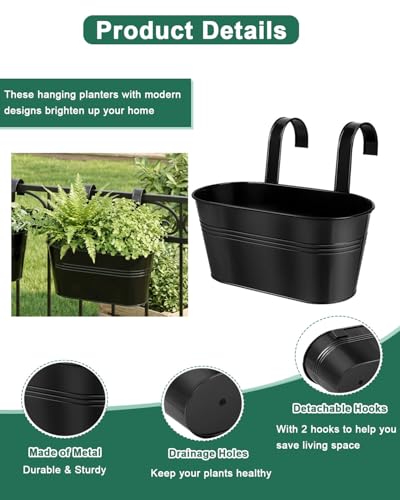 Image of 11 Inch Railing Planter Box, 5 Pack Metal Hanging Planters with Hooks