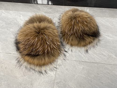 FURINFASHION RSF1 Real Raccoon Fur Slippers For Women With Fur Insole Big Fluffy Fur Outdoor Slides Furry Fuzzy Shoes Holiday Beach Show Footwear (13, natural brown)2