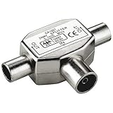 2x Stecker PremiumCord TV Antennensplitter IEC 75 Ohm, 1x Buchse auf 2X Stecker, Koax-Kupplung, Coax Antenne, DVB-T, Farbe Silber