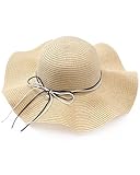 FUGLUS 1 pz Cappello da Sole Pieghevole da Donna in Paglia Stile Boho Cappello da Spiaggia Cappello Estivo con Tesa Larga e Fiocco per Viaggi, Vacanze e Spiaggia