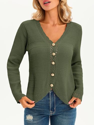 Image of Saodimallsu Womens V Neck Cardigan Sweaters Button Up Cropped Boho Knit Long Sleeve Loose Trendy Sweater Tops