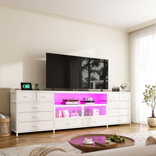 Image of EnHomee 71 inch Long TV Stand for 85 /80 /75 inch TVs with LED,Power Strip,12 Drawers | White Entertainment Center with Open Wooden Shelf, Spacious Storage,Sturdy Metal Frame for Bedroom Living Room