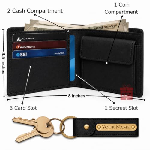 Image of Zift Personalized Name & Charm Leather Wallet & Keychain Gift Set for Men | Custom Name Engraved Wallet with Keychain | Birthday Anniversary Diwali Corporate Gifts for Men (Midnight Classic)