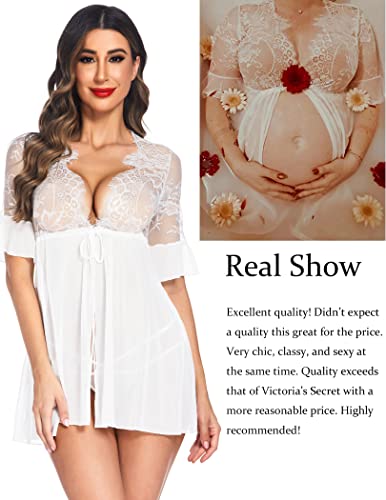 Avidlove Womens Lingerie Robe Women Lingerie Open Front Babydoll Lace Chemise Sleepwear Sheer Mesh Robe Lace Lingerie Robe White M #TOP1