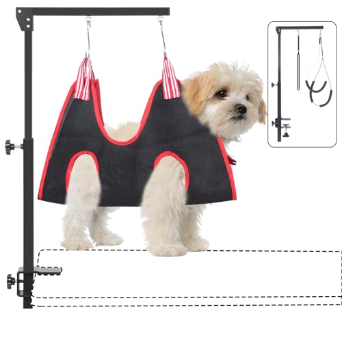 KELIXU Dog Grooming Arm with Clamps, Pet Grooming Table Arm with Hammock Harness &Two No Sit Haunch Holder, Adjustable Pet Grooming Supplies for Small/Medium Pets, Black