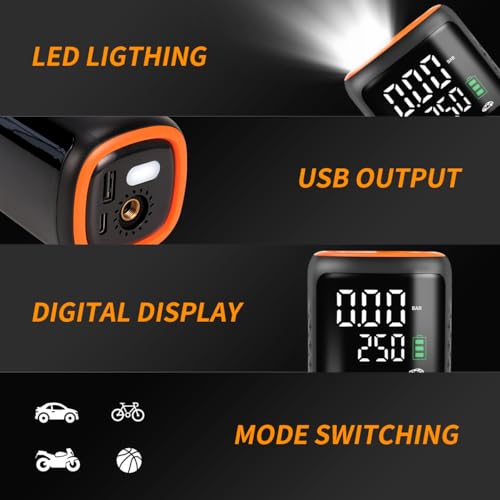 Image of Rechargeable Cordless Tire Inflator - 150 PSI Gauge Portable Air Compressor with 3 Needles, Electric Air Pump for All Sports Balls, Car, Bike, Motorcycle