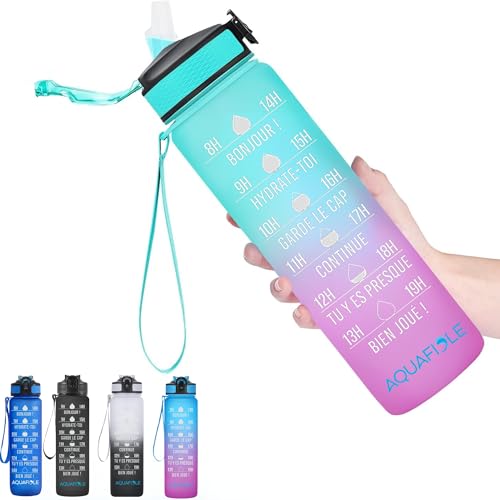 AQUAFIOLE Gourde 1L Motivation en Français [SANS BPA], Paille Adulte Graduée pour Sport, Camping, Randonnée, Vélo