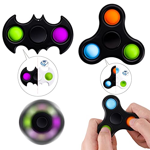 NiHealth Fidget Pack 2PCS Push Pop Bubble Fidget Spinner Black/White Double-Sided 2-in-1 Toys Multicolor Buttons Batarang Fidget Sensory Toy Stress Reducer Anxiety Relief for Kids and Adult Gift