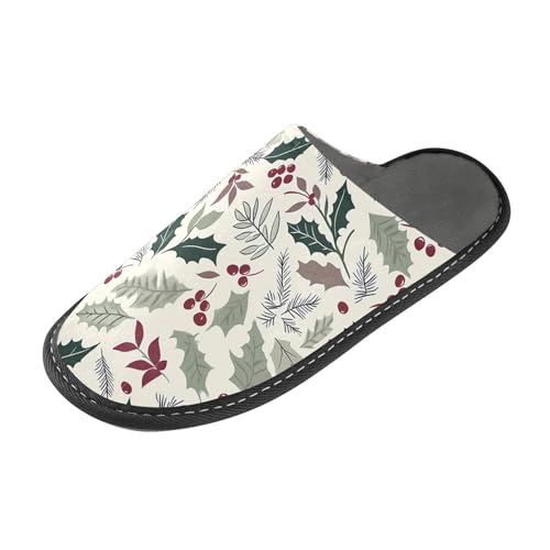 Slippers for Women Green Holly Leave Pattern Soft Winter Warm Shoes Indoor Outdoor Non-Slip House Travel Slippers2