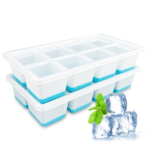 Absyrony 2 Piezas Cubiteras para Hielo con Tapa, Cubitera Grande para Hielo sin BPA, Moldes de Cubitos de Hielo Ice Cube Tray, Molde Bandeja Cubo, para Cócteles, Whisky, Alimentos para Bebé, (Azul)