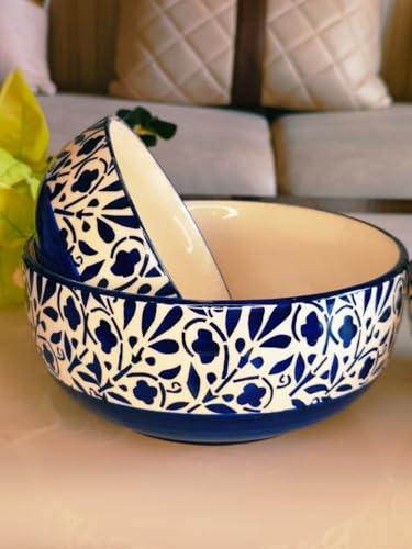 Image of Niyara Stoneware Handmade Ceramic Stylish Premium Serving Bowls /Salad Tray Microwave Dishwasher Safe Set of 4 (Blue & White Floral Print)