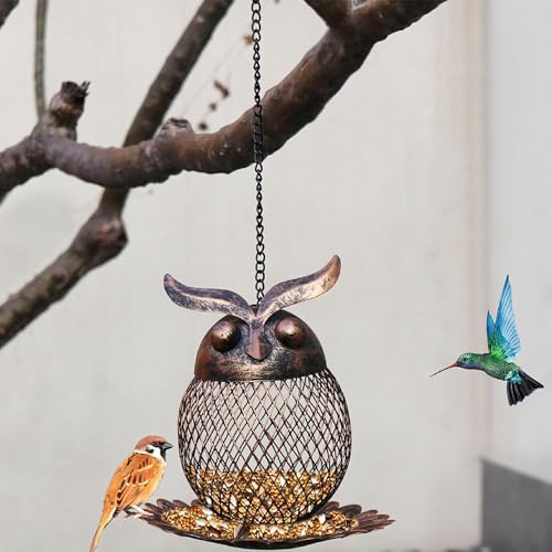QLSKI Eisen Eule Vogel Feeder - Metallischer Vogel Futterspender mit offenem Deckel, Leck und Drainagelöchern, wasserdicht, perfekt für Wildvögel