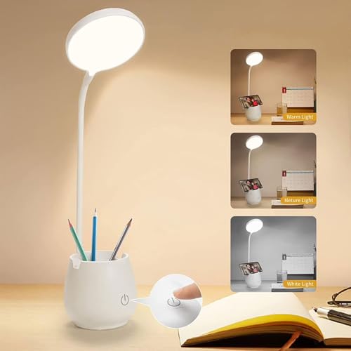 Image of Rechargeable LED Study Lamp with Flexible Arm & Phone Holder -3 Color Modes, Adjustable Brightness Desk Light for Reading, Study, Work, Bedside Table Lamp for Home, Office & Students (Portable)