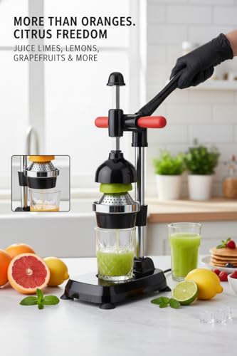 Image of Manual Citrus Juicer Heavy Duty Aluminum Hand Press - Professional Fruit Juicer for Orange, Lemon, Lime & Pomegranate - Easy Press, Durable, Kitchen Countertop Juice Extractor (Black)