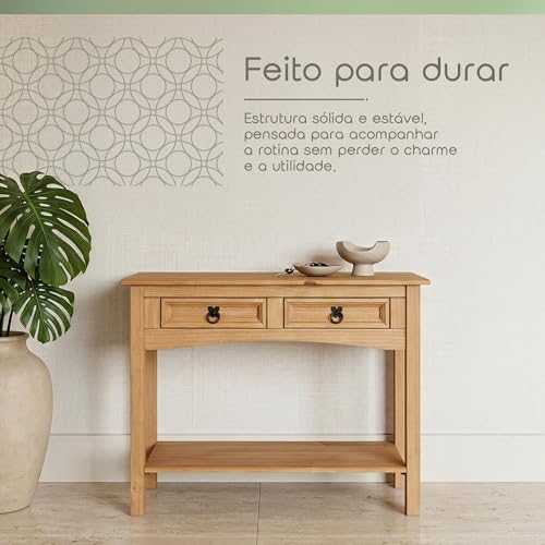 Image of Solid Wood Console Table with 2 Drawers and Lower Shelf - Classic Rustic Entryway Accent Table for Living Room and Hallway - Pine Wax