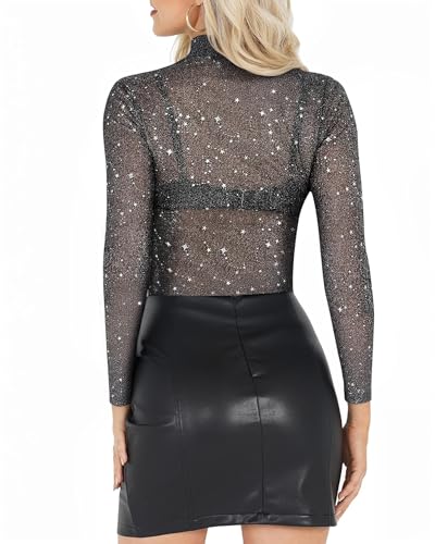 MANGOPOP Womens Mesh Tops Long Sleeve Glitter Sheer Top Sexy Stretchy See Through Sparkly Shirts Going Out Basic Tee Blouse3