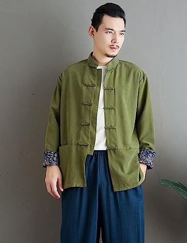 Mens Chinese Traditional Tang Suit Jacket Long Sleeve Patchwork Rolled Cuff Mandarin Collar Frog-Button Shirt3