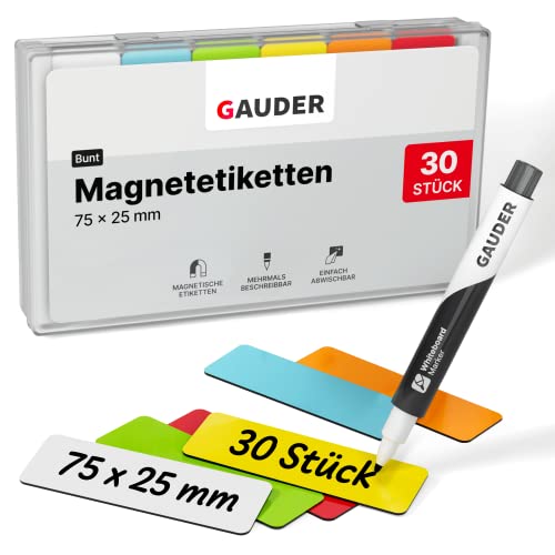 GAUDER Magnetické proužky popisovatelné | magnetické štítky k popisování | magnetické karty pro Kanban Board, bílou tabuli a tabuli (75 x 25 mm)