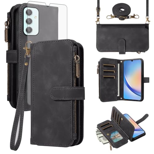 Asuwish Coque pour Samsung Galaxy A16 5G/4G Portefeuille avec Verre Trempé et Cordon Porte Carte Chaine PU Cuir à Clapet Étui Housse Support Galaxie A 16...