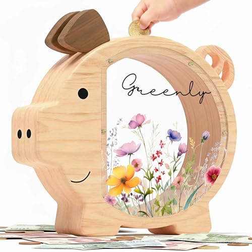Image of Personalized Piggy Bank, Wooden Money Banks for Kids, Custom Gifts for Boys and Girls, Personalized Piggy Bank for Girls (DK02C Wildflower)