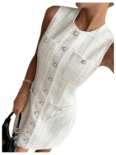 SOLY HUX Women's Plaid Tweed Dress Button Down Crew Neck Sleeveless Work Office Mini Dresses2