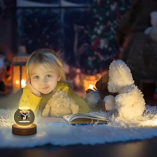 Image of 3D Crystal Ball Night Light with Wooden Base, Aesthetic Clear LED Lamp for Home and Bedroom Touch Switch, Warm Light for Kids and Teens Perfect Birthday & Anniversary (3D Deer Lamp)