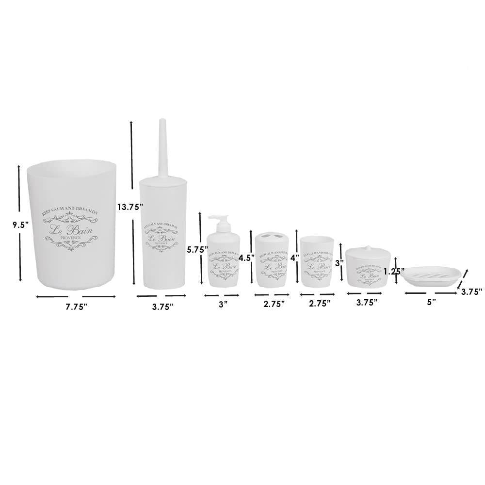 Home Basics - Juego de baño de 7 piezas (blanco), hecho de plástico, incluye vaso, soporte para cepillo de dientes, jabonera, dispensador de loción, soporte para bolas de algodón, soporte para cepillo