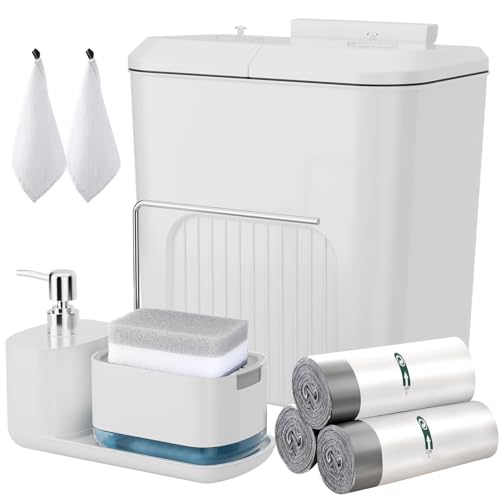 Hanging Trash Can with Lid, White Bathroom Accessories Set Incluced 3.9 Gallon Small Kitchen Compost Bin, Soap Dispenser with Sponge Holder, Sponges and Trash Bags for Cupboard/Kitchen Bedroom