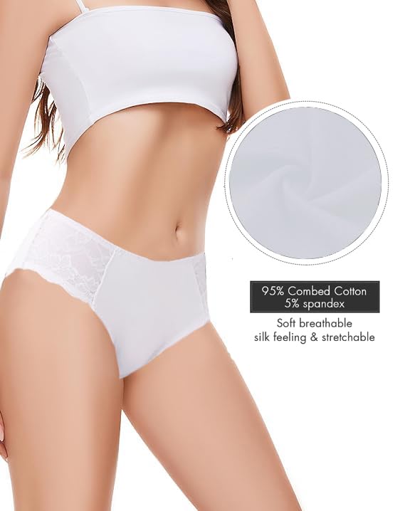 Image of NICSY Womens Underwear Cotton Bikini Panties Lace Soft Hipster Panty Ladies Stretch Full Girls Briefs (Multicolor) (L, Pack 1 White)