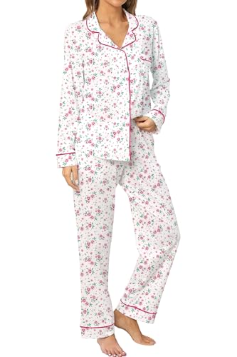 Image of LUBOT 100% Cotton Pajamas for Women Pajama Set Soft 2 Piece Sleepwear PJ Set Long Sleeve Knit Button Cozy Loungewear XS-XXL