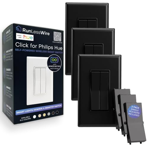 Image of RunLessWire Click for Hue Battery-Free Wireless Smart Switch 3 Pack Black | Dimmable Kinetic Switch Pairs Natively to Philips Hue Bridge, 4 Programmable Buttons to Control Scenes & Areas, 100ft Range