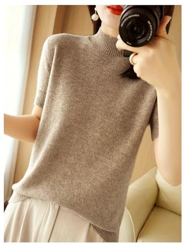 Image of Floerns Women's Casual Rib Knit Short Sleeve Mock Neck Pullover Sweater Top Khaki Large
