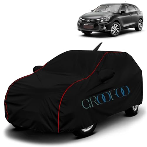 Image of GROOFOO Water Resistant Car Body Cover Compatible with Toyota Glanza | Triple Stitched Bottom Elastic Dustproof UV Heat Scratch Resistant Full Body Vehicle Protection Cover (Black Red)