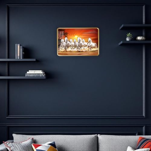 Image of 7 Running Horses Photo Frame, Ultra High Gloss Lamination, Vastu Painting for Living Room, Office, 12x18 Inch (Design 1)