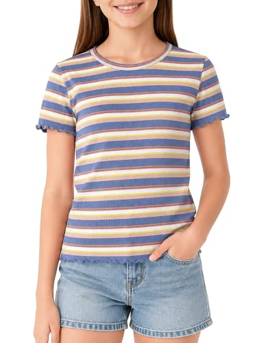 Image of Girls Striped T-Shirt Lettuce Trim Short Sleeve Top Size 6-16 | Soft stretch ribbed knit fabric, breathable blouse,summer outfit for big girls & teen, for school, party and daily activity