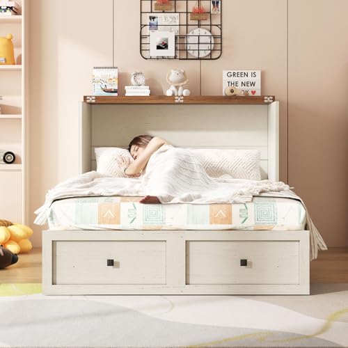 Image of AMERLIFE Full Murphy Bed with Storage & Charging Station, Farmhouse Murphy Cabinet with Foldable Panel, Noisy Free, for Guest Bedroom, Living Room, Office, Distressed White