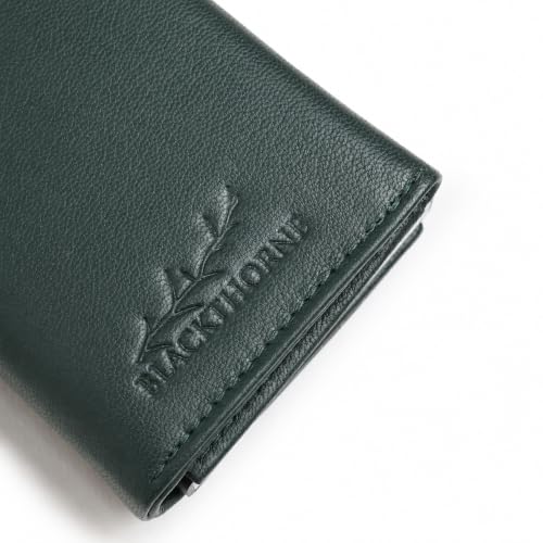 Image of BLACKTHORNE Leather Trifold Wallet for Men | Stylish RFID Blocking Slim Wallet with Metallic Card Holder, Slide Button Pop-Up, Zipper Coin Pocket & Magnetic Closure (Olive Green)