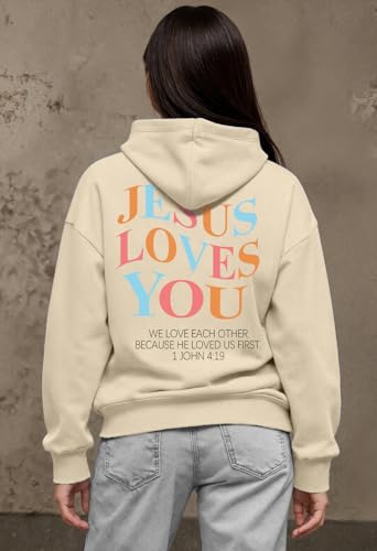 Tewmeu Faith Over Fear Hoodie Christian Hoodies Jesus Loves You Graphic Tee — view 3