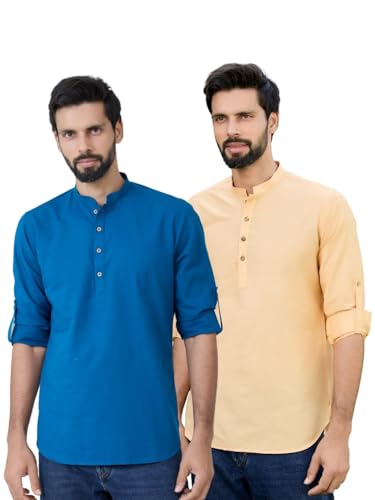 Image of See Designs Men's Roll-Up Sleeve Mandarin Collar Cotton Solid Short Kurta (Pack of 2) - Festive Collection