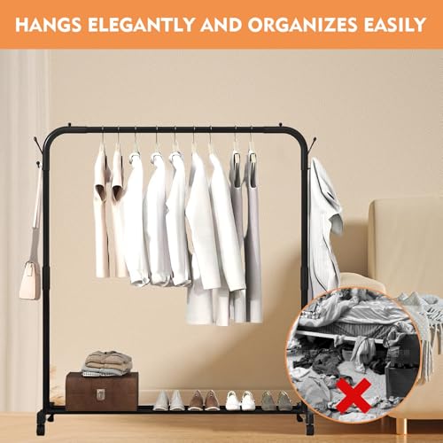 Clothes Rail with Wheels Heavy Duty Clothes Rail, Portable Metal Clothing Rail with Shoe Rack and Hook, Movable Clothes Rack for Bedroom Closet Laundry Room Store - Image 5