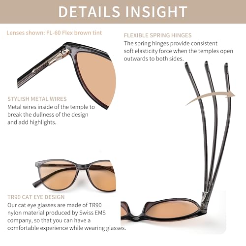 Image of Outdoor FL-Flex Fluorescent-60 Light Brown Tinted Blue Light Blocking Glasses Cat Eye Migraine Light Sensitivity Glasses Photophobia Fluorescent LED Glare Women AB3311(Grey Frame Cinnamon Lens)