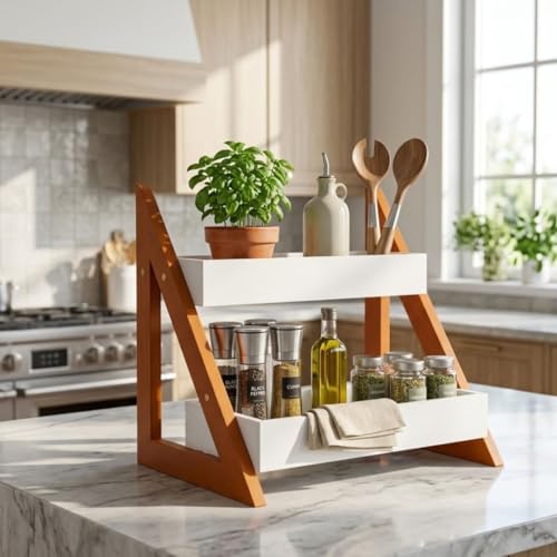 Image of Kitchen Organizer Rack - Multi-Purpose Kitchen Stand for Countertop & Cabinet Storage | Heavy-Duty Kitchen Rack Organizer for Spices, Utensils, Dishes & Pantry Items (2 Tier Brown)