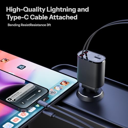 Image of Unbreakable 120W 4-in-1 Retractable Car Charger with Built-in Cables & Dual USB Ports, Fast Car Phone Charger Compatible with iPhone 17 /16 /15 /14 /13 /12 /11, Android, iPad & Other Devices - Black